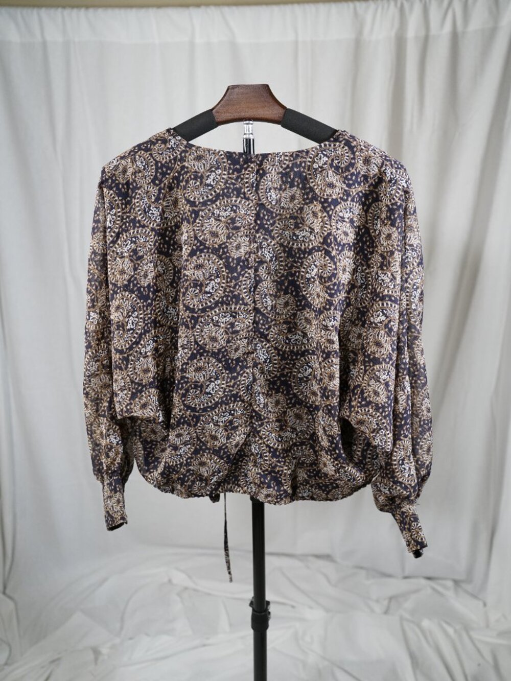 VICI Med Navy Brown Paisley Wrap Blouse Boho Chic Romantic Balloon Sleeve Top - Picture 4 of 7